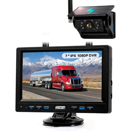 WOOCARTY Solar Magnetic Wireless Trailer Camera, 7" IPS DVR Screen + Solar Powered Night Vision Rearview Camera, 100% No Wiring Waterproof Backup Camera System for RV Truck Camper Trailer Hitch, BS1