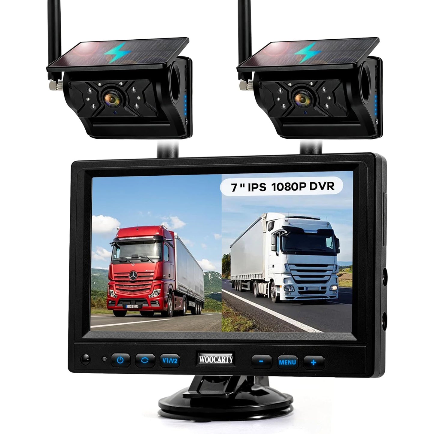 WOOCARTY 2 Solar Magnetic Wireless Trailer Camera System, 7" IPS DVR Screen + Solar Powered Night Vision Rear Camera, 100% No Wiring Waterproof Backup Camera System for RV Truck Trailer Hitch, BS2