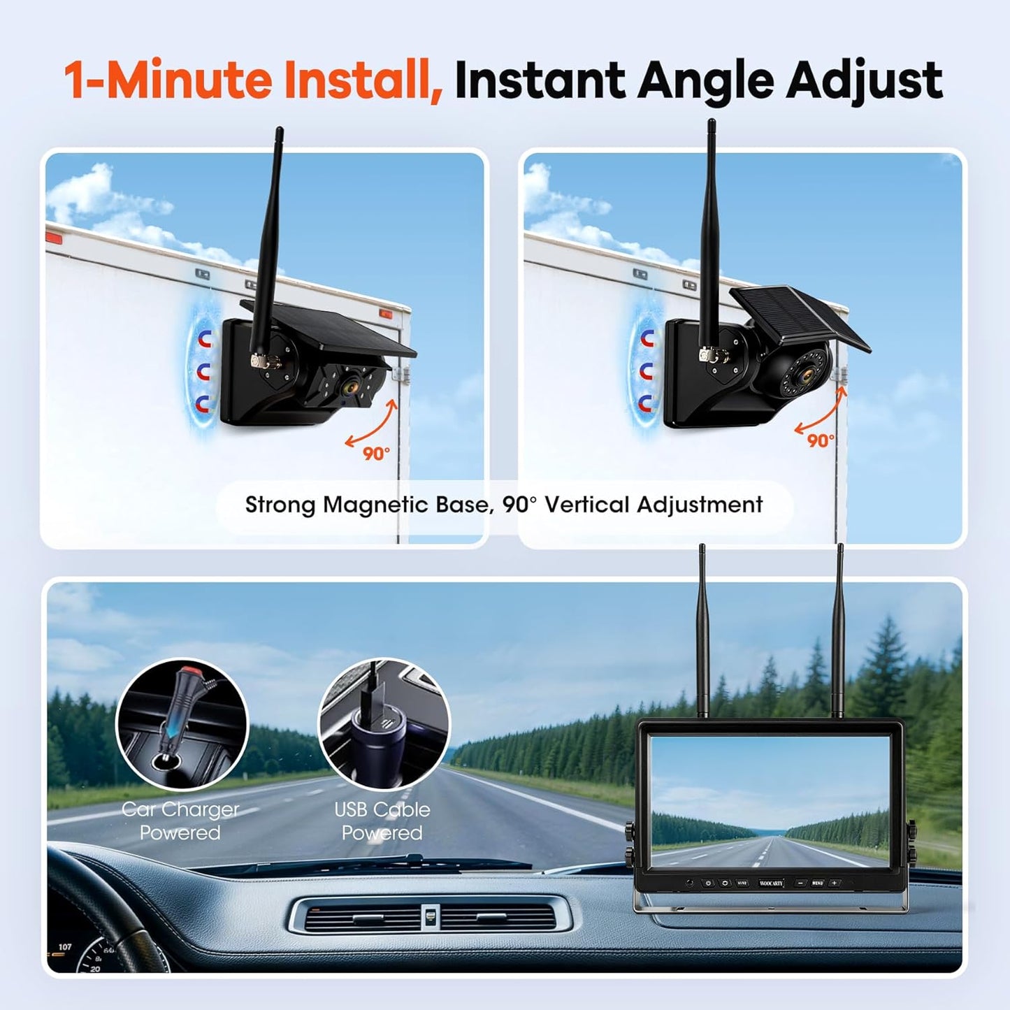 WOOCARTY 3 Solar Magnetic Wireless Trailer Camera System, 10.1" IPS DVR Screen + Solar Powered Night Vision Rear Camera, 100% No Wiring Waterproof Backup Camera System for RV Truck Trailer Hitch, BT3