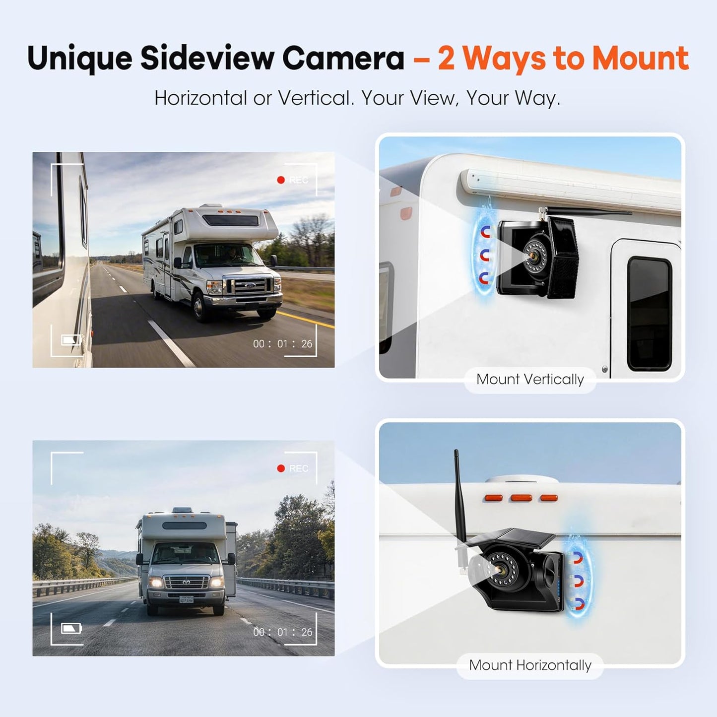 WOOCARTY 4 Solar Magnetic Wireless Trailer Camera System, 10.1" IPS DVR Screen + Solar Powered Night Vision Rear Camera, 100% No Wiring Waterproof Backup Camera System for RV Truck Trailer Hitch,BT4
