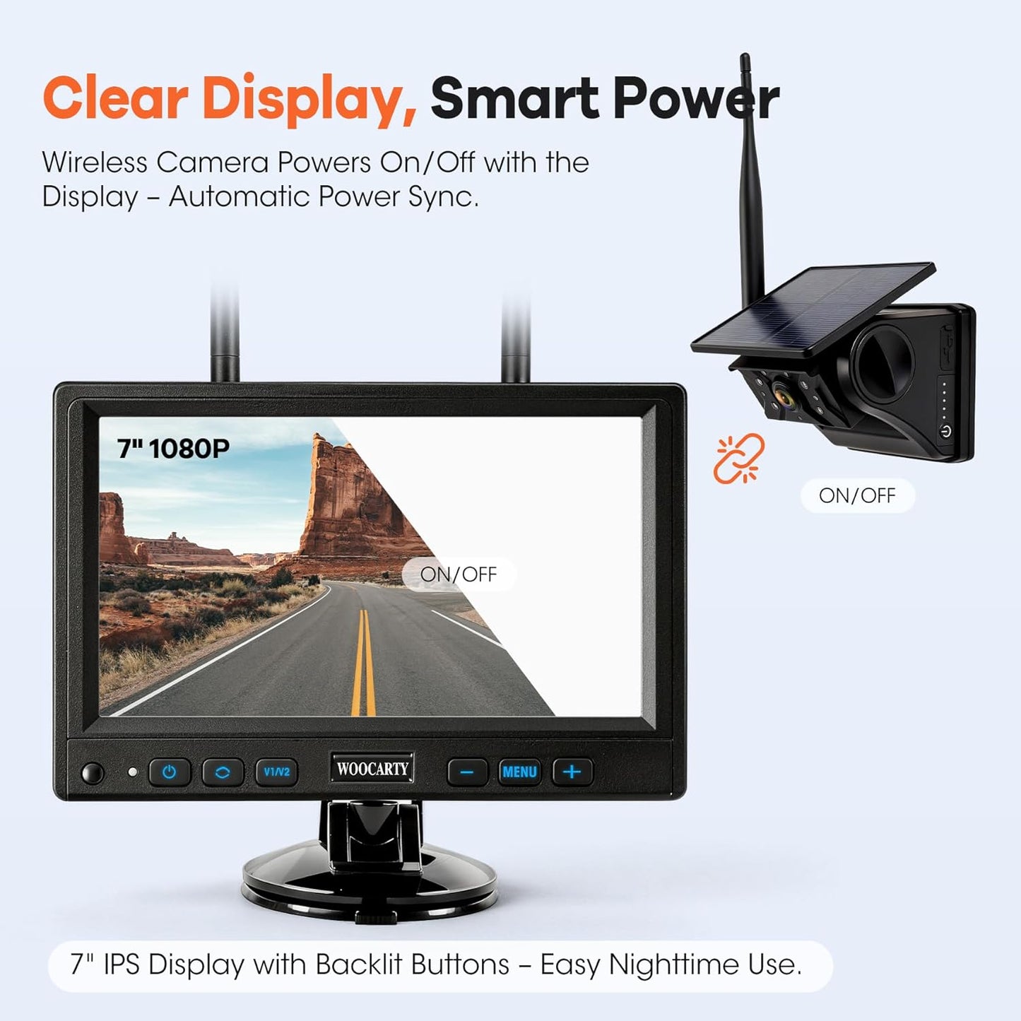 WOOCARTY 2 Solar Magnetic Wireless Trailer Camera System, 7" IPS DVR Screen + Solar Powered Night Vision Rear Camera, 100% No Wiring Waterproof Backup Camera System for RV Truck Trailer Hitch, BS2