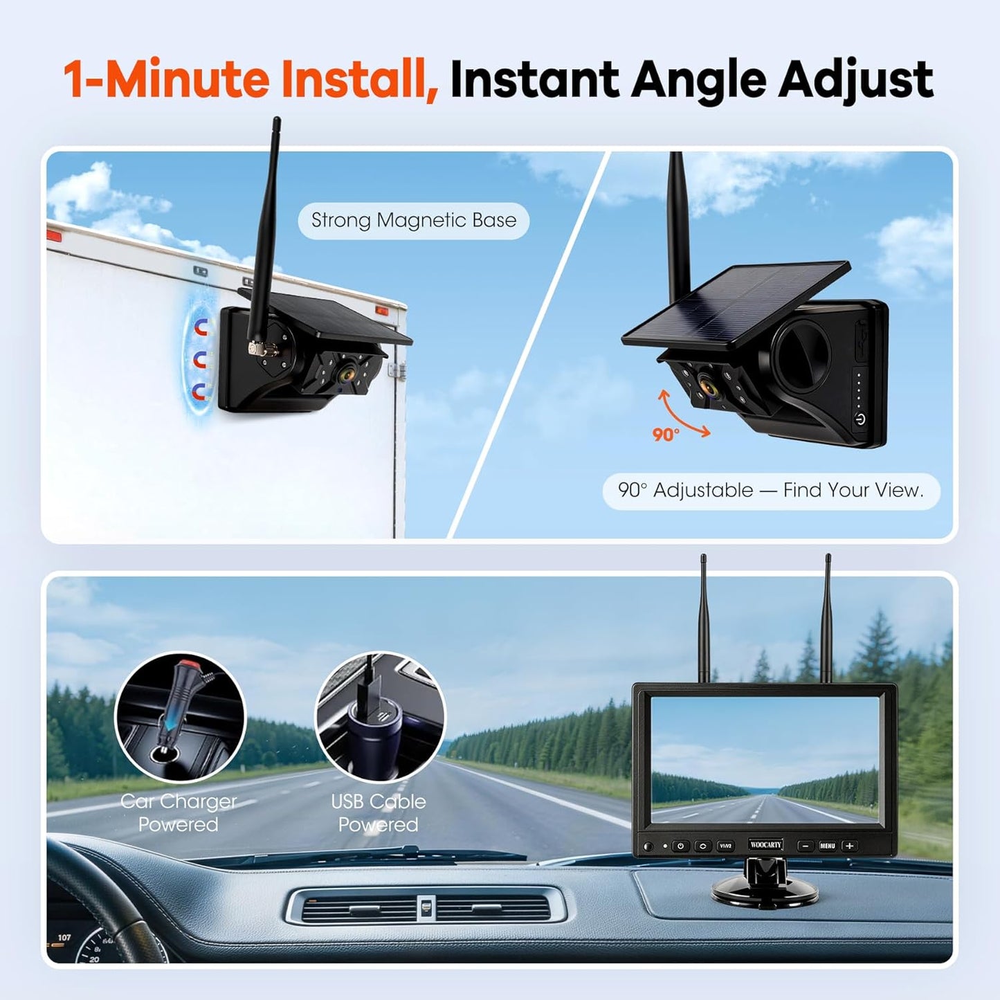 WOOCARTY 2 Solar Magnetic Wireless Trailer Camera System, 7" IPS DVR Screen + Solar Powered Night Vision Rear Camera, 100% No Wiring Waterproof Backup Camera System for RV Truck Trailer Hitch, BS2