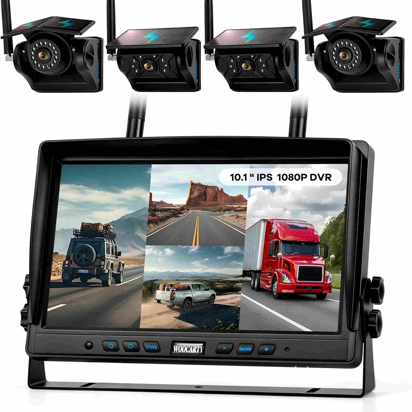 WOOCARTY 4 Solar Magnetic Wireless Trailer Camera System, 10.1" IPS DVR Screen + Solar Powered Night Vision Rear Camera, 100% No Wiring Waterproof Backup Camera System for RV Truck Trailer Hitch,BT4