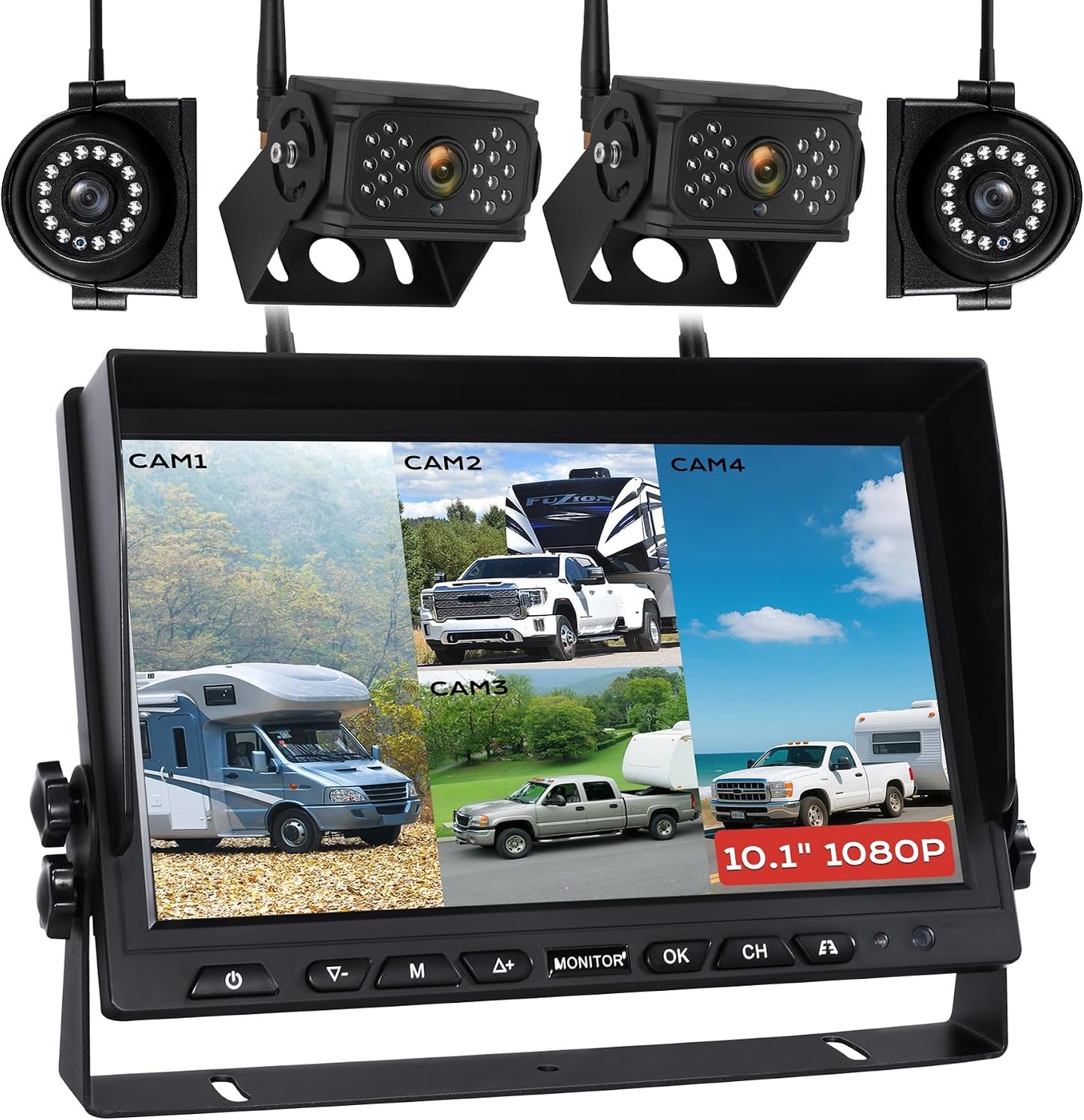 WOOCARTY 10.1" Wireless RV Backup Camera System, 2 Rear Cameras & 2 Side Cameras for Reversing/Monitoring Trailer Truck Pickup Camper, 1080P DVR Monitor, IP69K Waterproof IR Night Vision Camera, WN4