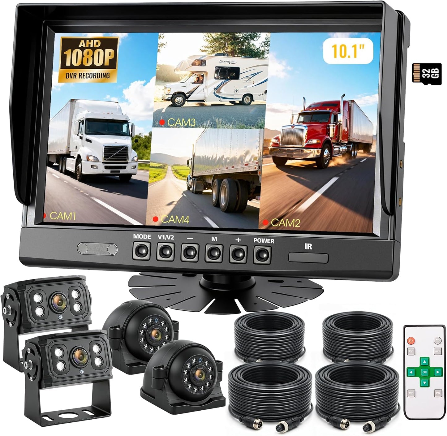 WOOCARTY 4-Wired Backup Camera System, 10.1" DVR Quad Screen Rear Side View Cameras, IP69 Waterproof IR Night Vision, 20G Vibration-Proof for Trailer/RV/Tractor/Combine/Skid Steer/Heavy Equipment, Y4