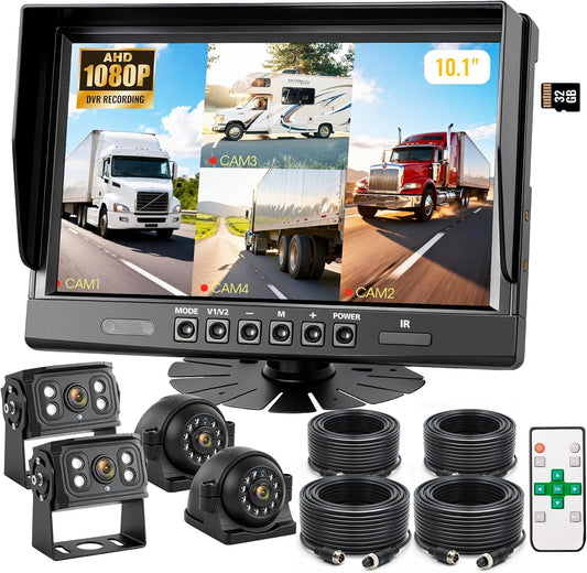 WOOCARTY 4-Wired Backup Camera System, 10.1" DVR Quad Screen Rear Side View Cameras, IP69 Waterproof IR Night Vision, 20G Vibration-Proof for Trailer/RV/Tractor/Combine/Skid Steer/Heavy Equipment, Y4