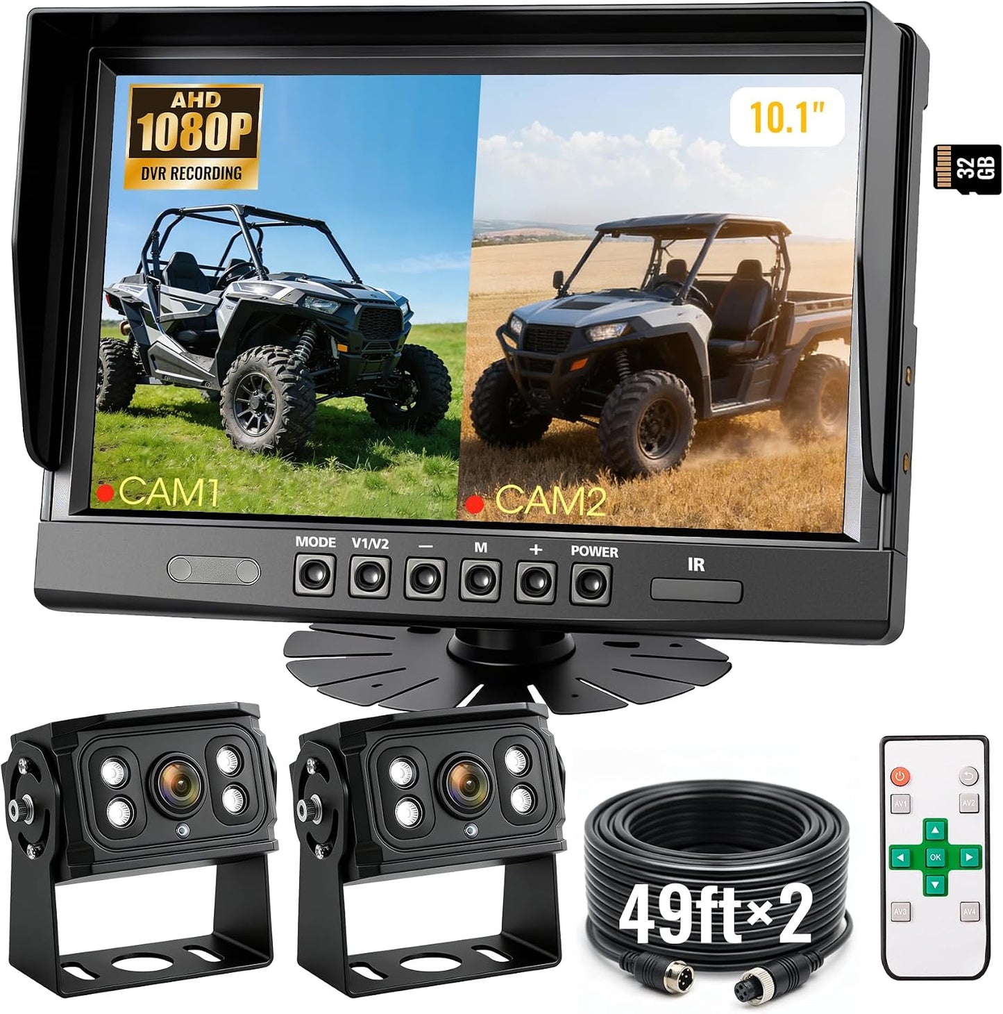 WOOCARTY 10.1" 2-Wired Backup Camera System, DVR Dual Screen Rear View Camera, IP69 Waterproof IR Night Vision, 20G Vibration-Proof for Trailer/Tractor/Truck/Combine/Skid Steer/Heavy Equipment/UTV, Y3