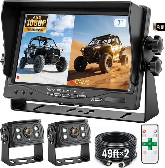 WOOCARTY 7" 2-Wired Backup Camera System, DVR Dual Screen Rear View Camera, IP69 Waterproof IR Night Vision, 20G Vibration-Proof for Trailer/RV/Tractor/Truck/Combine/Skid Steer/Heavy Equipment/UTV, Y1