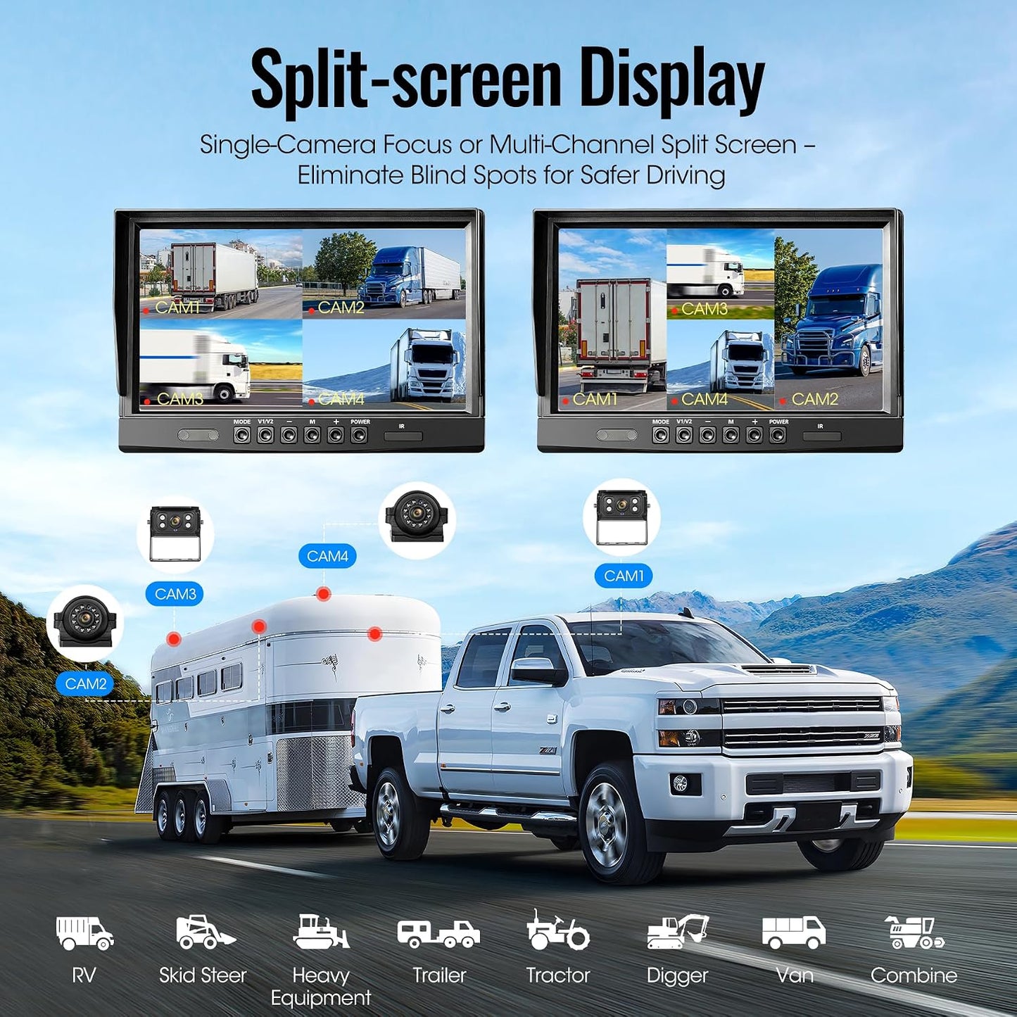 WOOCARTY 4-Wired Backup Camera System, 10.1" DVR Quad Screen Rear Side View Cameras, IP69 Waterproof IR Night Vision, 20G Vibration-Proof for Trailer/RV/Tractor/Combine/Skid Steer/Heavy Equipment, Y4