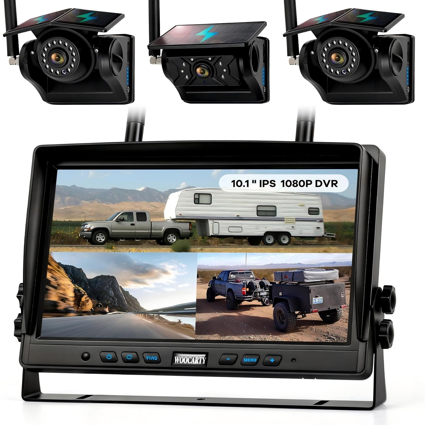 WOOCARTY 3 Solar Magnetic Wireless Trailer Camera System, 10.1" IPS DVR Screen + Solar Powered Night Vision Rear Camera, 100% No Wiring Waterproof Backup Camera System for RV Truck Trailer Hitch, BT3