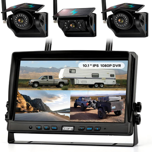 WOOCARTY 3 Solar Magnetic Wireless Trailer Camera System, 10.1" IPS DVR Screen + Solar Powered Night Vision Rear Camera, 100% No Wiring Waterproof Backup Camera System for RV Truck Trailer Hitch, BT3