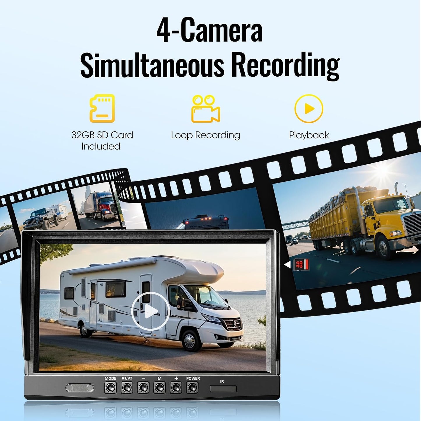 WOOCARTY 4-Wired Backup Camera System, 10.1" DVR Quad Screen Rear Side View Cameras, IP69 Waterproof IR Night Vision, 20G Vibration-Proof for Trailer/RV/Tractor/Combine/Skid Steer/Heavy Equipment, Y4