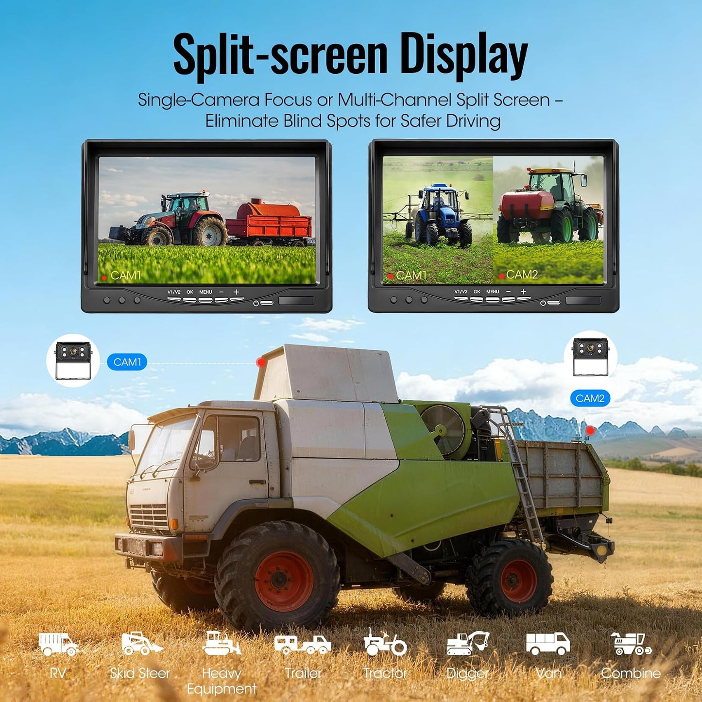 WOOCARTY 7" 2-Wired Backup Camera System, DVR Dual Screen Rear View Camera, IP69 Waterproof IR Night Vision, 20G Vibration-Proof for Trailer/RV/Tractor/Truck/Combine/Skid Steer/Heavy Equipment/UTV, Y1