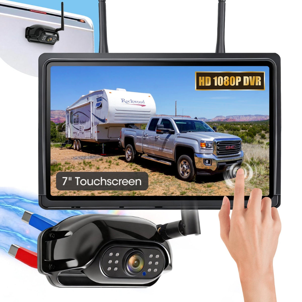 WOOCARTY Magnetic Wireless RV Backup Camera System, 7" 1080P Touchscreen DVR Rear Camera Compatible with Furrion Pre-Wired Plug, Night Vision Waterproof Camera for Hitching, RV, Trailer, Truck, A11