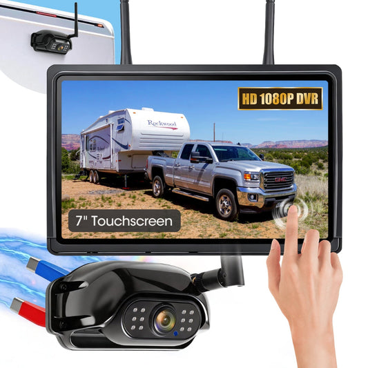 WOOCARTY Magnetic Wireless RV Backup Camera System, 7" 1080P Touchscreen DVR Rear Camera Compatible with Furrion Pre-Wired Plug, Night Vision Waterproof Camera for Hitching, RV, Trailer, Truck, A11