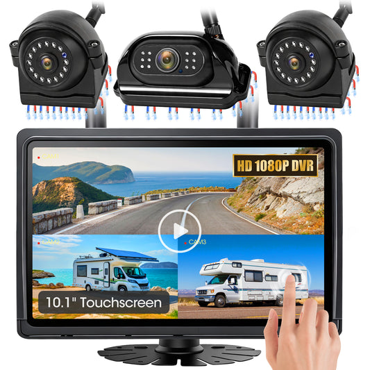 WOOCARTY 10.1" - 3 Magnetic Wireless RV Backup Camera System, 1080P DVR Touchscreen Rear Side Cameras for Monitoring, Compatible with Furrion Pre-Wired Plug, Night Vision Camera for Trailer Truck, A23
