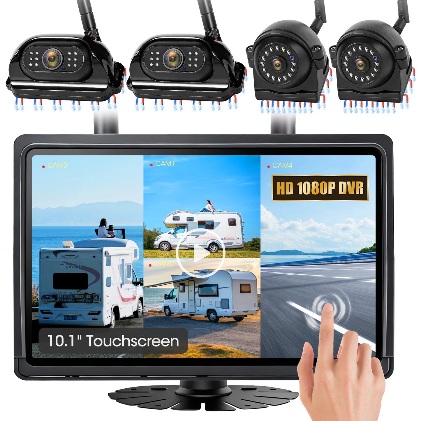 WOOCARTY 10.1" - 4 Magnetic Wireless RV Backup Camera System, 1080P DVR Touchscreen Rear Side Cameras for Monitoring, Compatible with Furrion Pre-Wired Plug, Night Vision Camera for Trailer Truck, A24