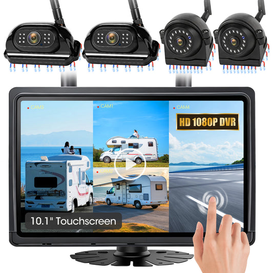 WOOCARTY 10.1" - 4 Magnetic Wireless RV Backup Camera System, 1080P DVR Touchscreen Rear Side Cameras for Monitoring, Compatible with Furrion Pre-Wired Plug, Night Vision Camera for Trailer Truck, A24